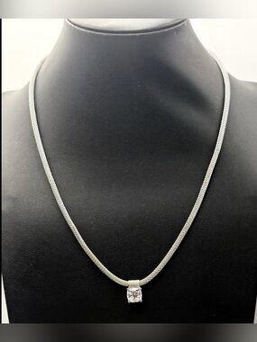 Sterling Silver Mesh Chain Necklace with CZ Pendant 16" + 2" Extender 925
